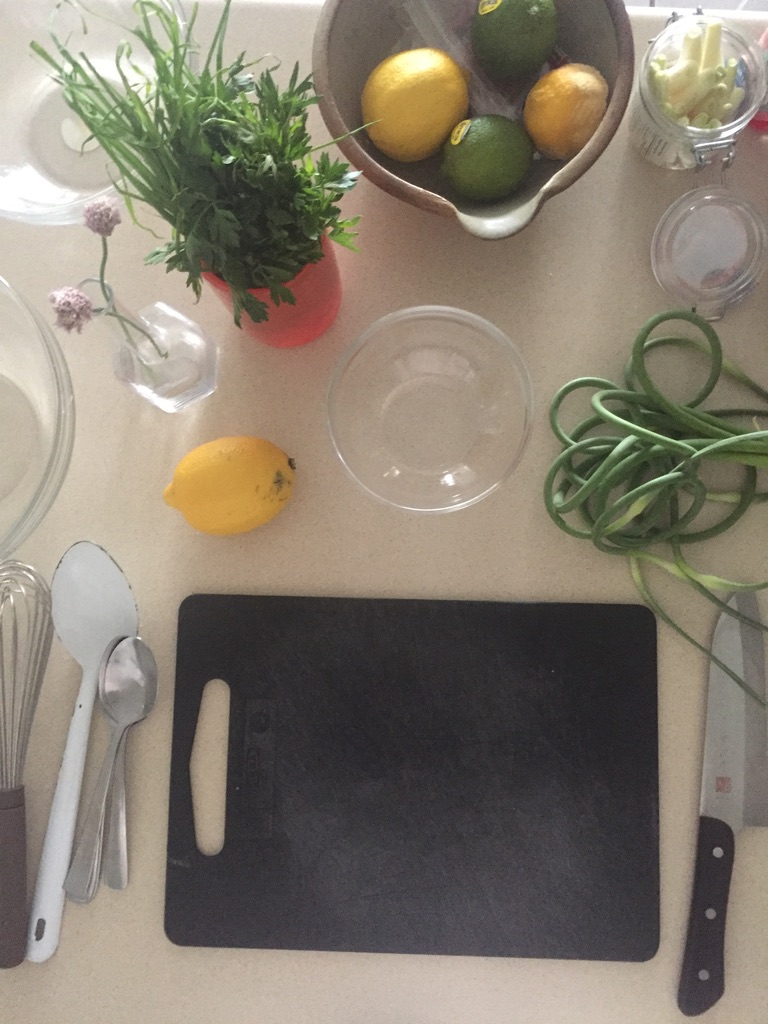 Ingredients and cutting board set up