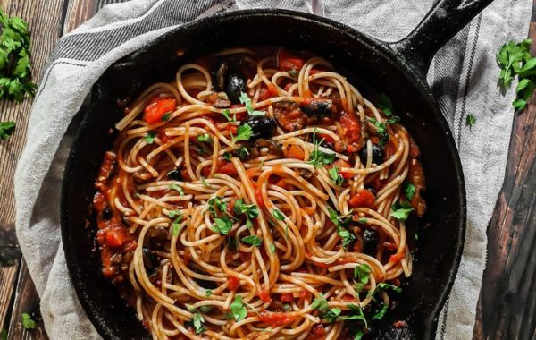 pasta in a cast iron pan