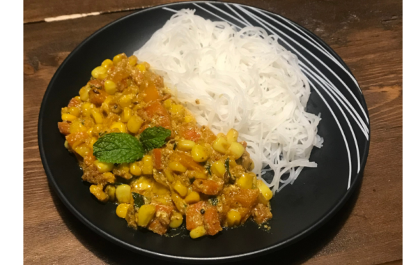 Corn Curry & Noodles on Plate
