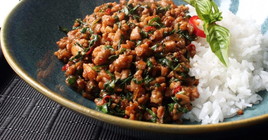 Pad Gra Prow stir fry with rice in a bowl